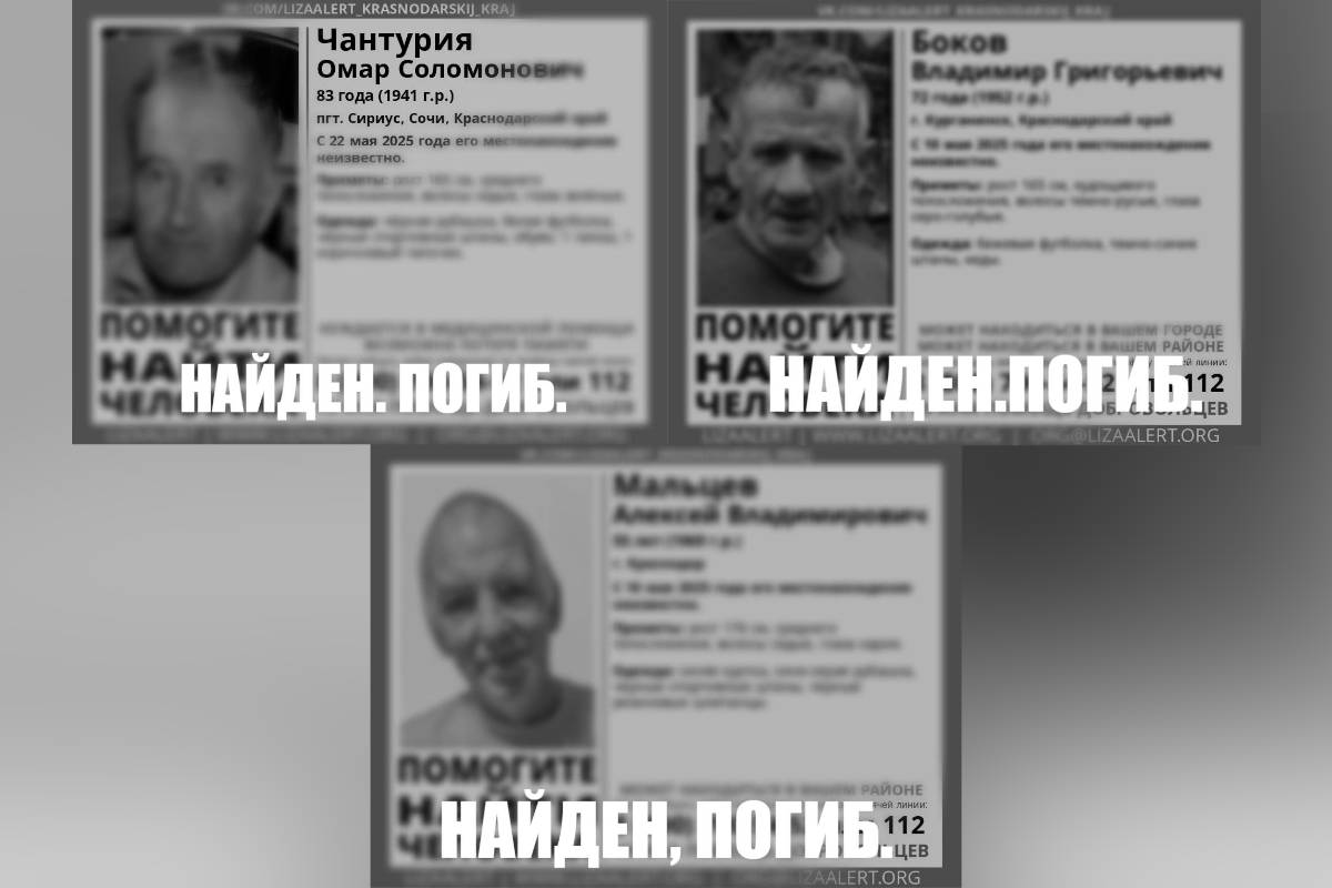 Троих пропавших на Кубани в мае пожилых мужчин нашли погибшими
