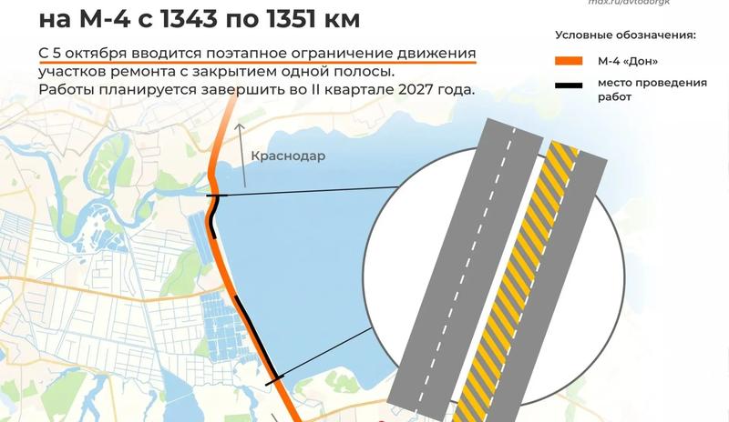 На трассе М-4 «Дон» под Краснодаром с 5 октября ограничат движение